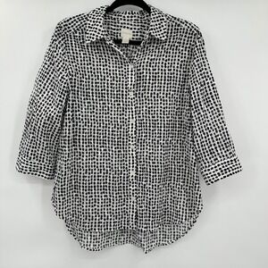 Chico's Button Down‎ White with Black Dots 3/4 Sleeve Lightweight Shirt Sz Large